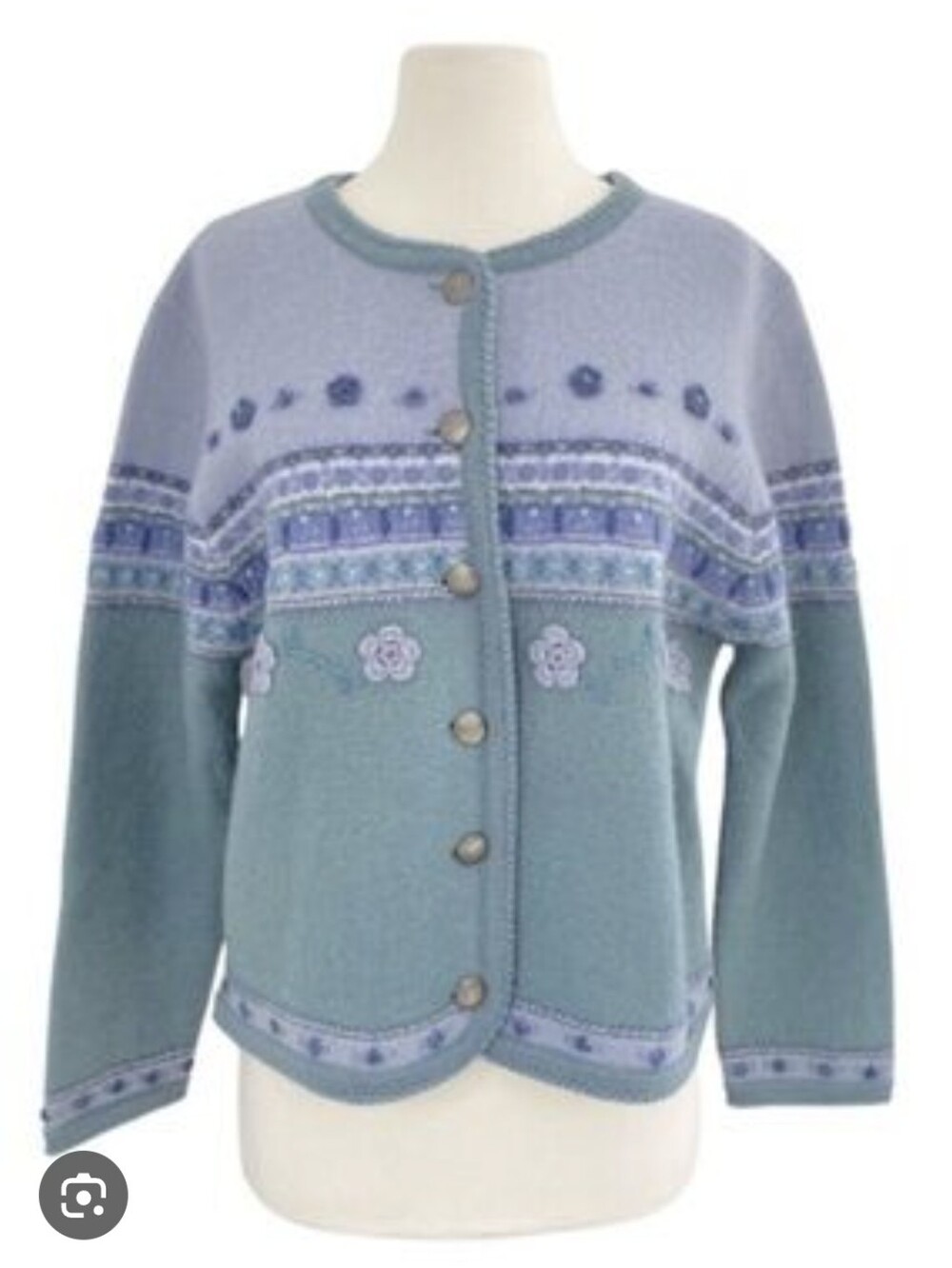 Embroided Cottagecore Button-Front Cardigan Sweater - Light Blue/Teal Sz.PM